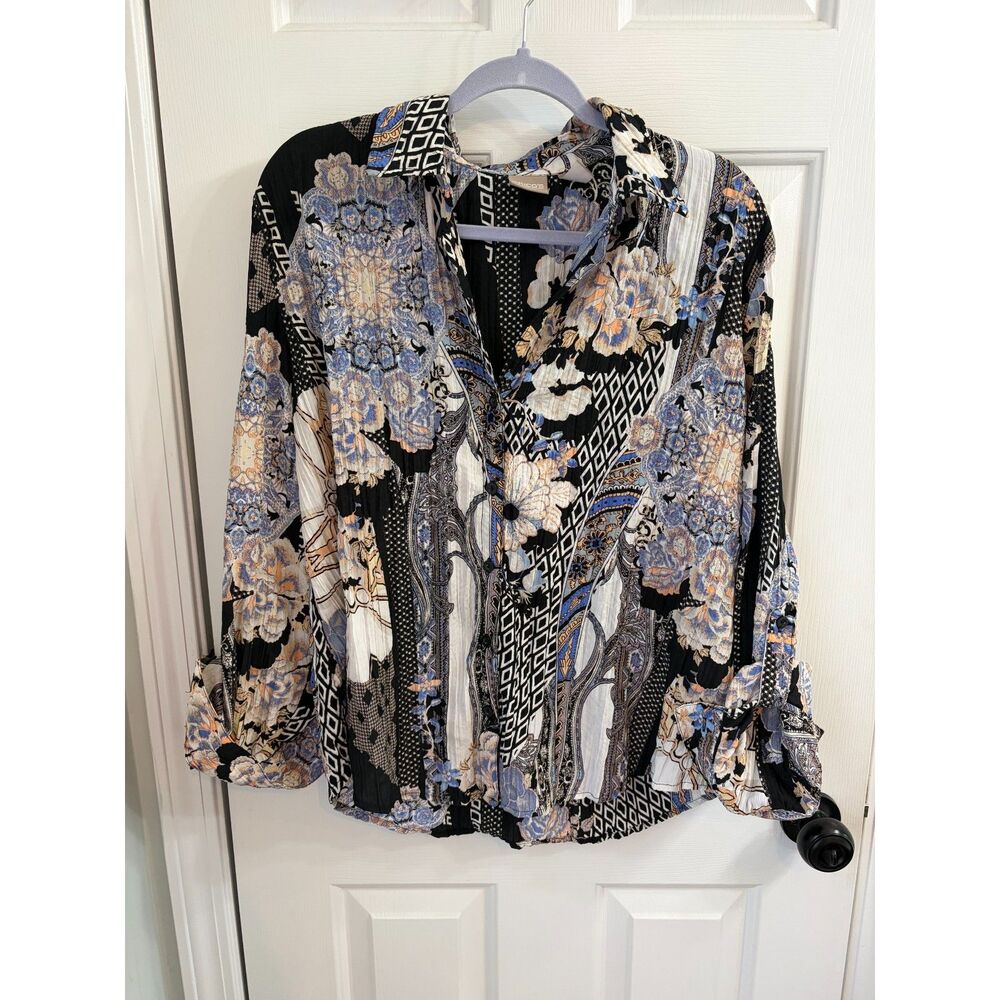 Chico's Womens Abstract Floral Lagenlook Buttondown Top Blouse Size 2 Large